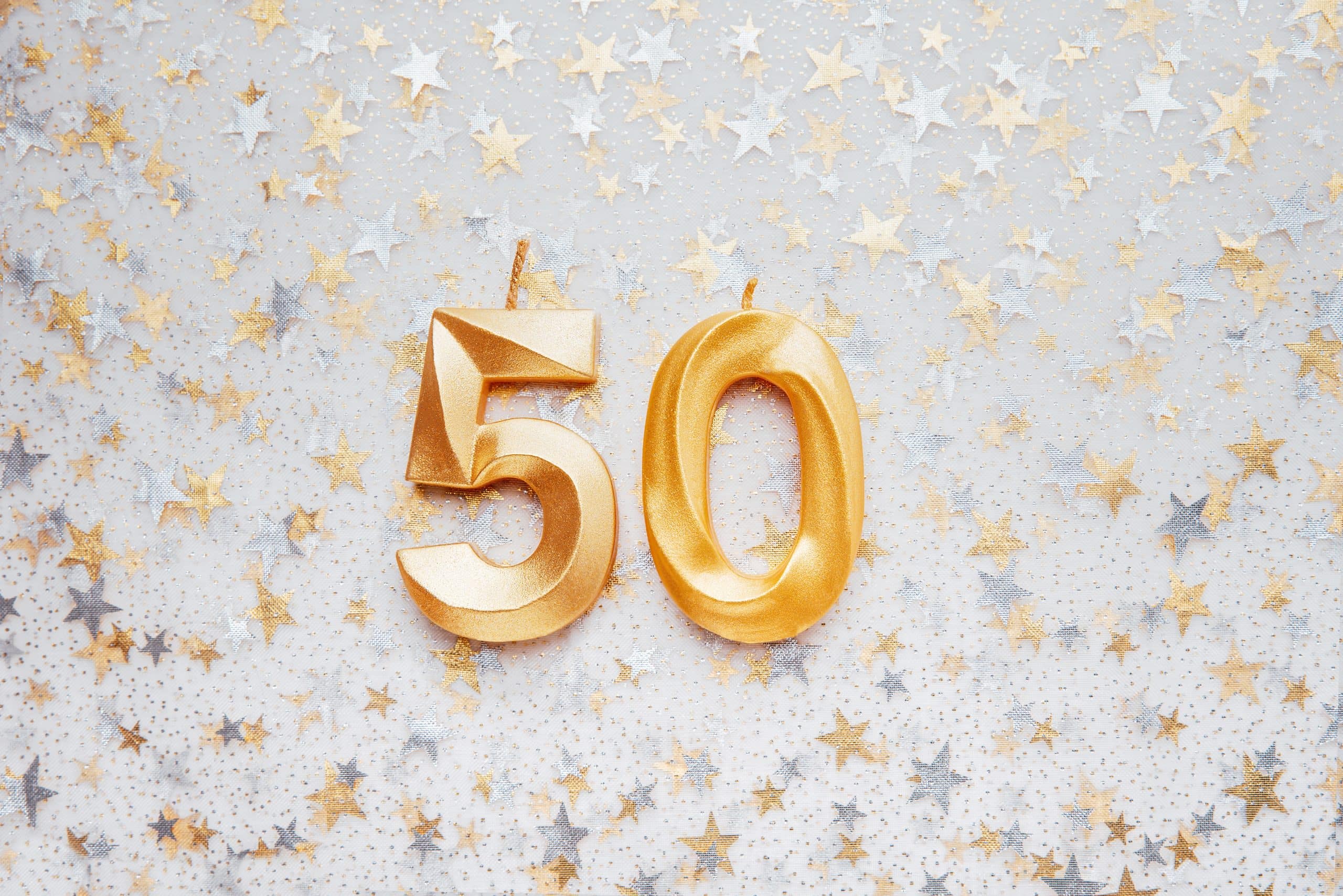 Number 50 fifty golden celebration birthday candle on Festive Background. Ten years birthday. concept of celebrating birthday, anniversary, important date, holiday