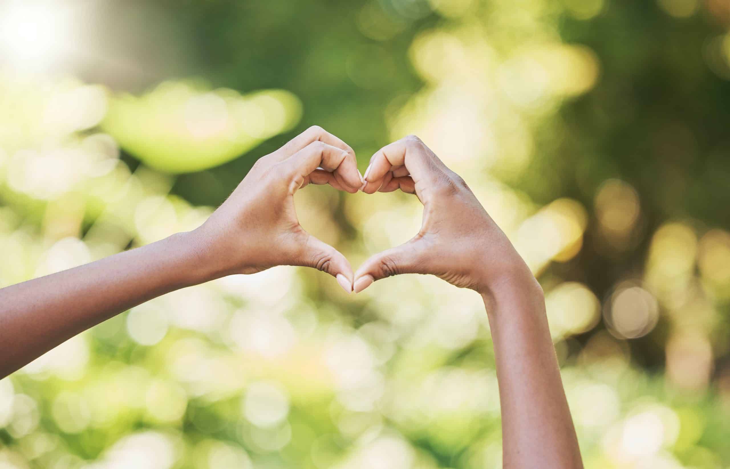 Umweltliebe geformtes herz mit zwei Händen vor Natur