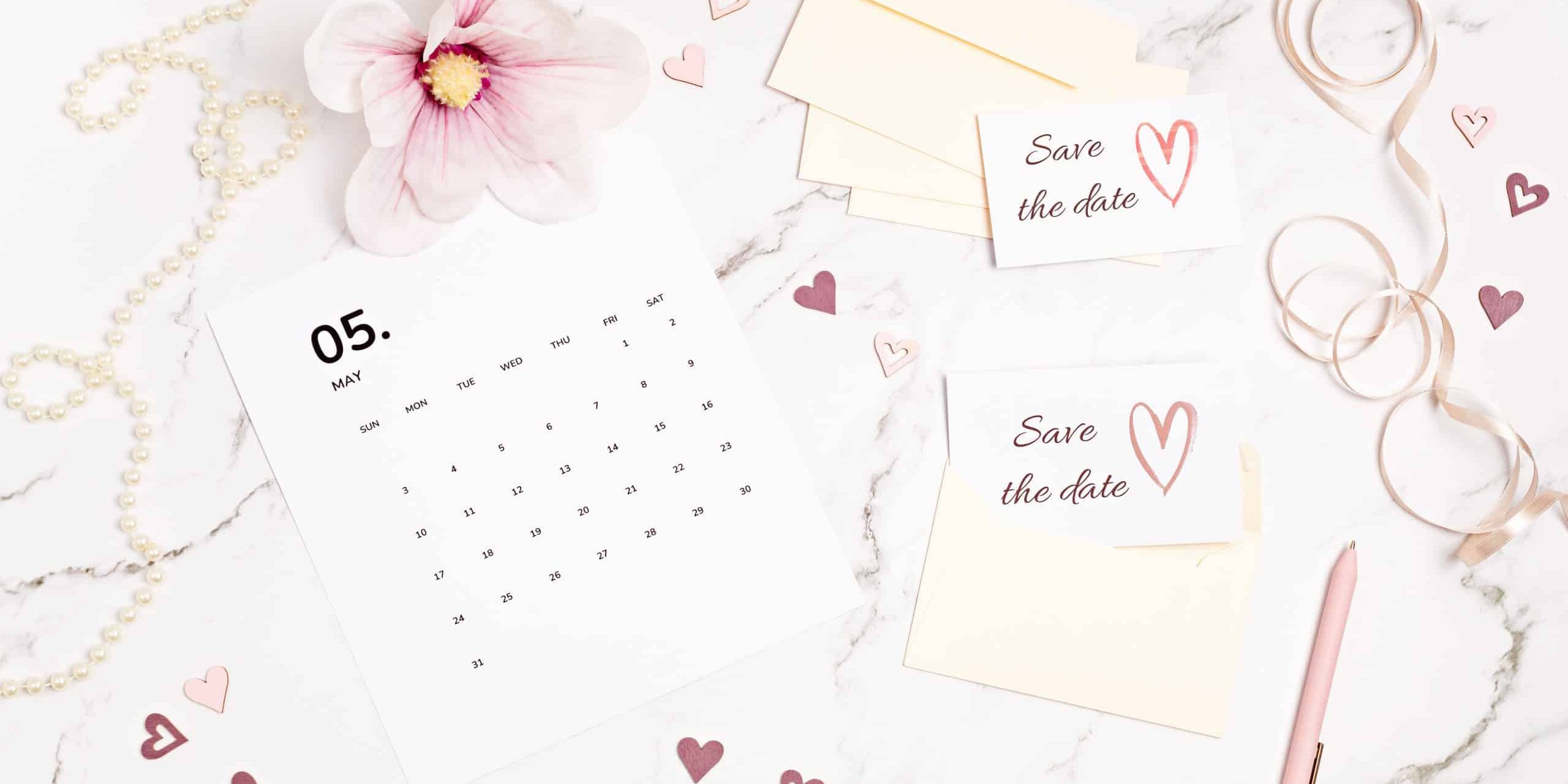 Save the date card in the envelope. Wedding planning, invitation concept. Top view, flat lay