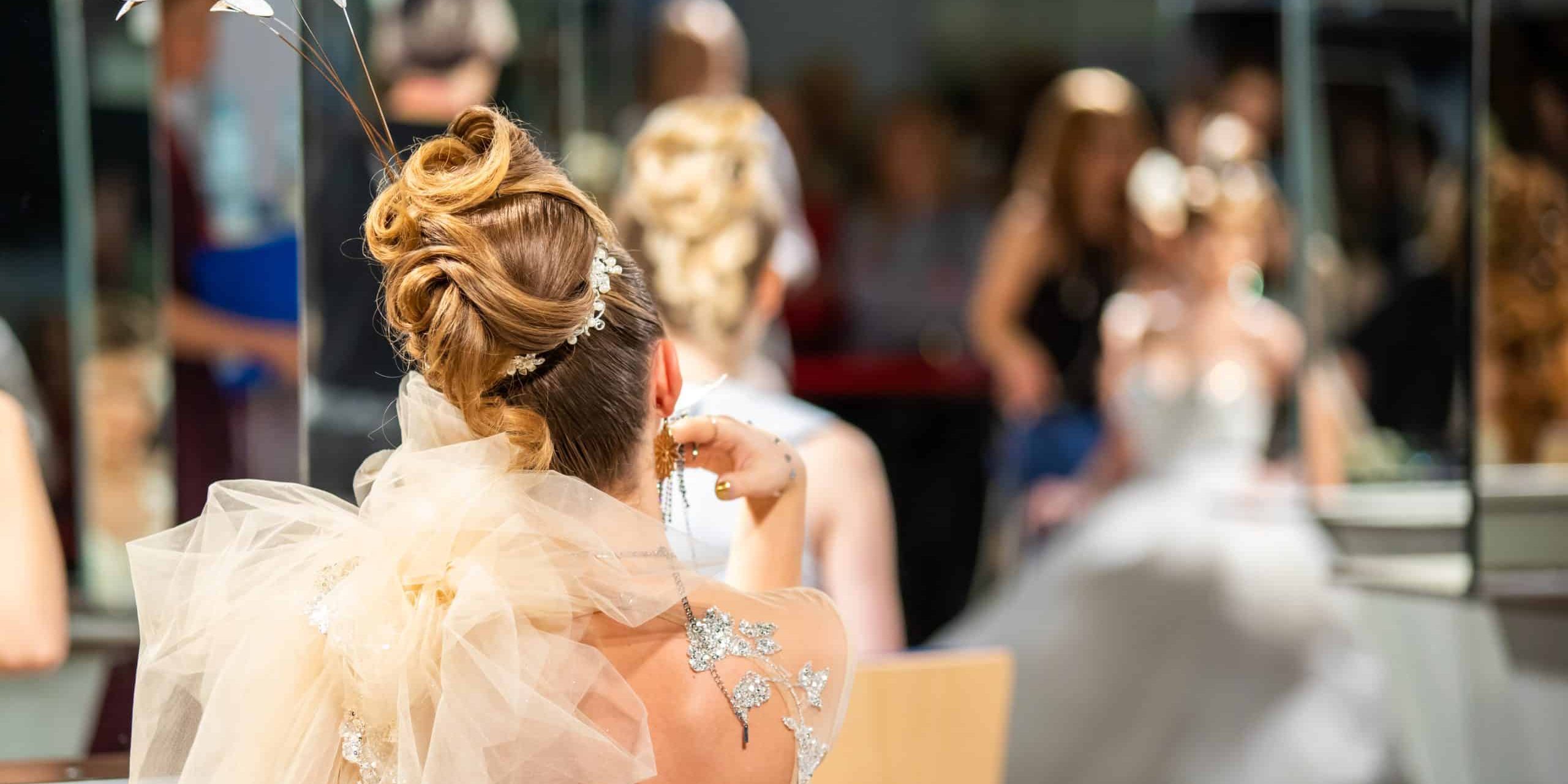 Wedding fashion event, models styled for brides with wedding hairstyles